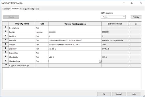 solidworks custom properties list